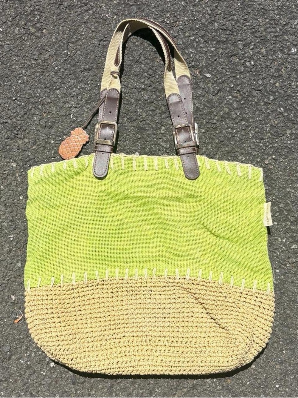 Sun N Sand green and tan straw raffia tote bag